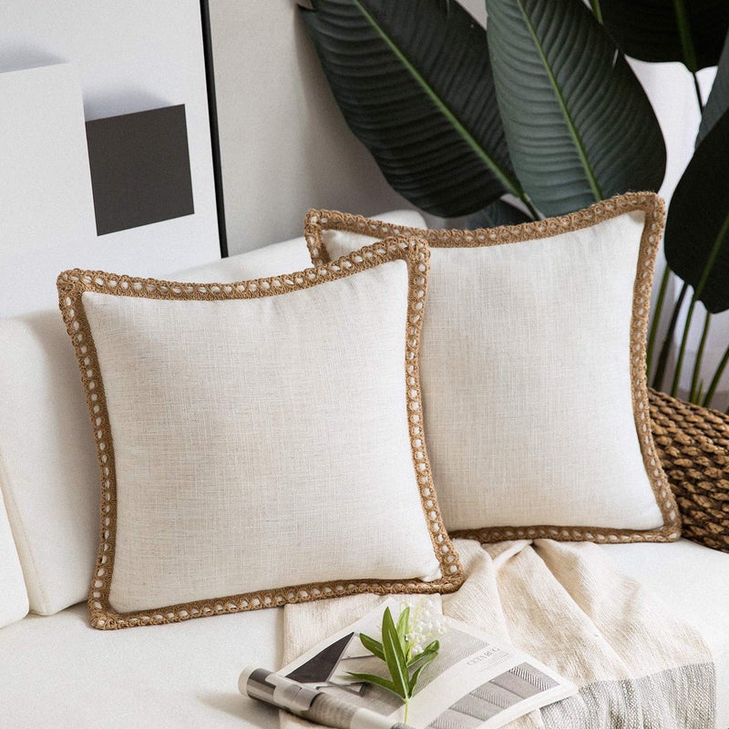 Phantoscope Pack of 2 Farmhouse Decorative Solid Throw Decorative Pillow Cover Burlap Linen Trimmed Tailored Edges Off White 26 x 26 inches  65 x 65 cm - Image 1